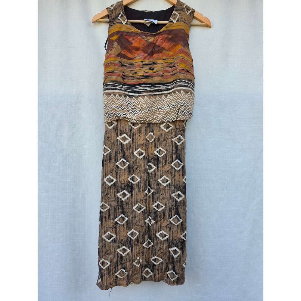 Vintage K Studio 12 Brown Rayon Dress 90s Whimsigoth Southwestern Boho Midi